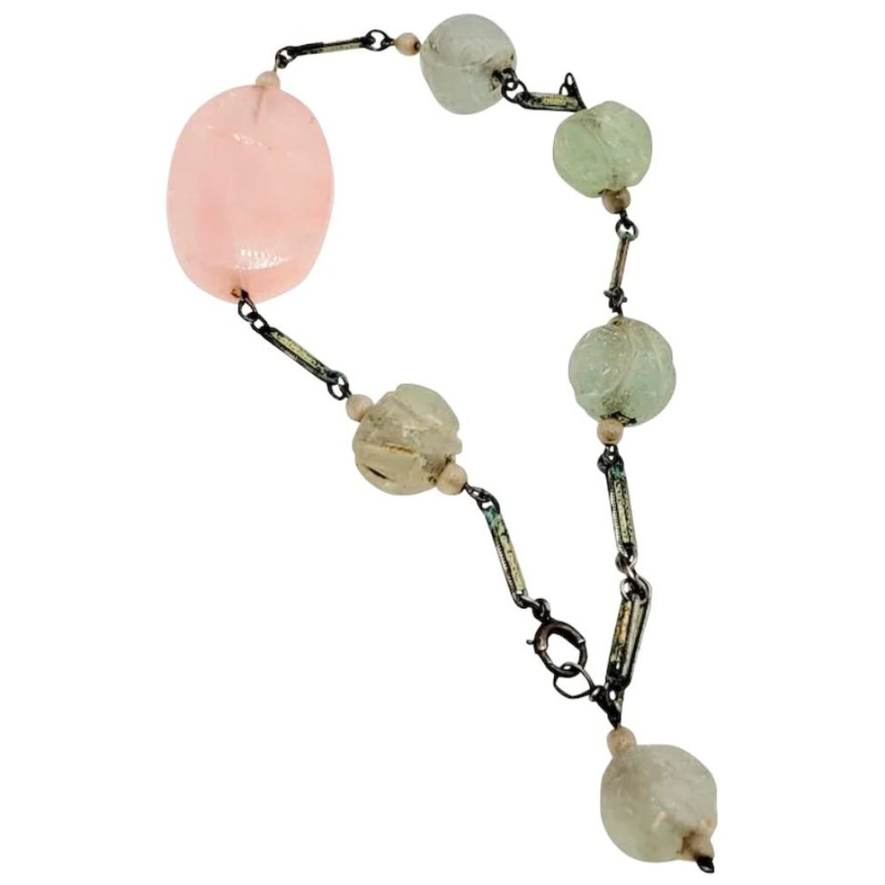 Flapper Art Deco Czech Jade Rose Quartz Enamel And Silver Bracelet (A2610)